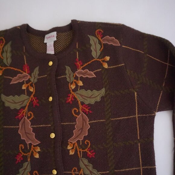 VTG Crystal Kobe Brown Leaf Vine Embroidered Plaid Knit Gold Button Cardigan S - Picture 6 of 9
